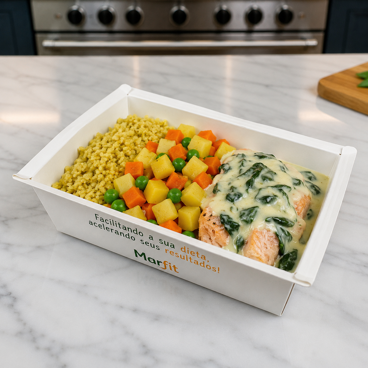 Salmão Grelhado ao molho branco com espinafre, com mix de legumes e arroz int. recheado