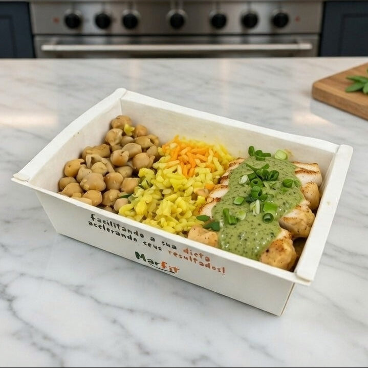 iscas de frango ao molho de espinafre com arroz integral recheado e grão de bico - 421 Kcal