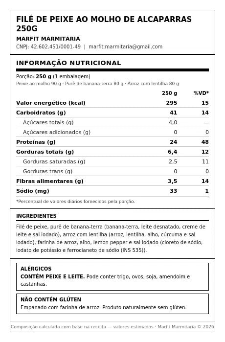 Peixe ao molho alcaparras, purê de banana e arroz int. recheada- 295 Kcal