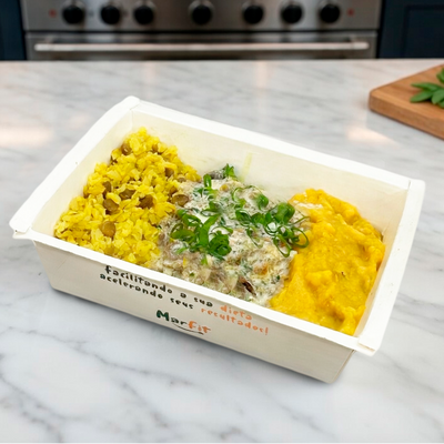 Peixe ao molho alcaparras, purê de banana e arroz int. recheada- 348 Kcal