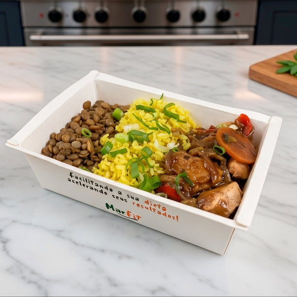 Frango Oriental com arroz integral recheado, e lentilha recheada