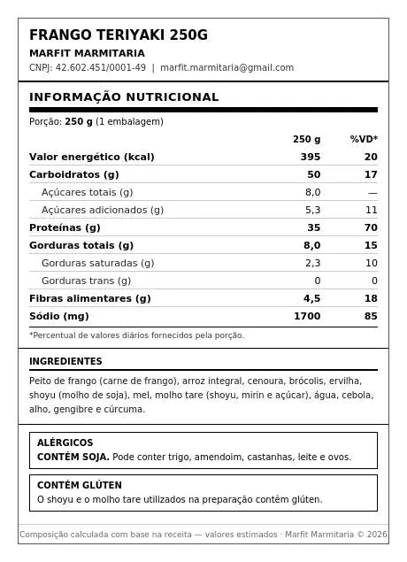 Frango Teriaki, arroz int. e mix legumes - 427 Kcal