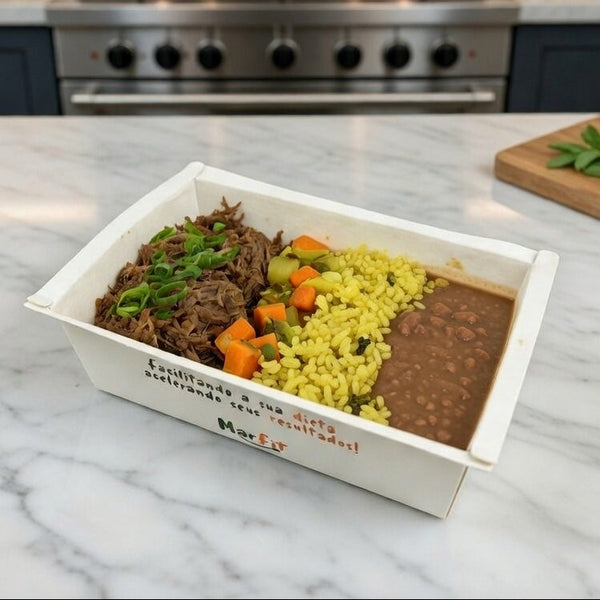Carne Maluca com Legumes, arroz integral e feijão - 350 Kcal