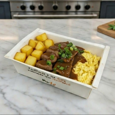 Escalopinho de carne ao molho madeira, arroz a piamontese e batata doce saltê - 420 Kcal