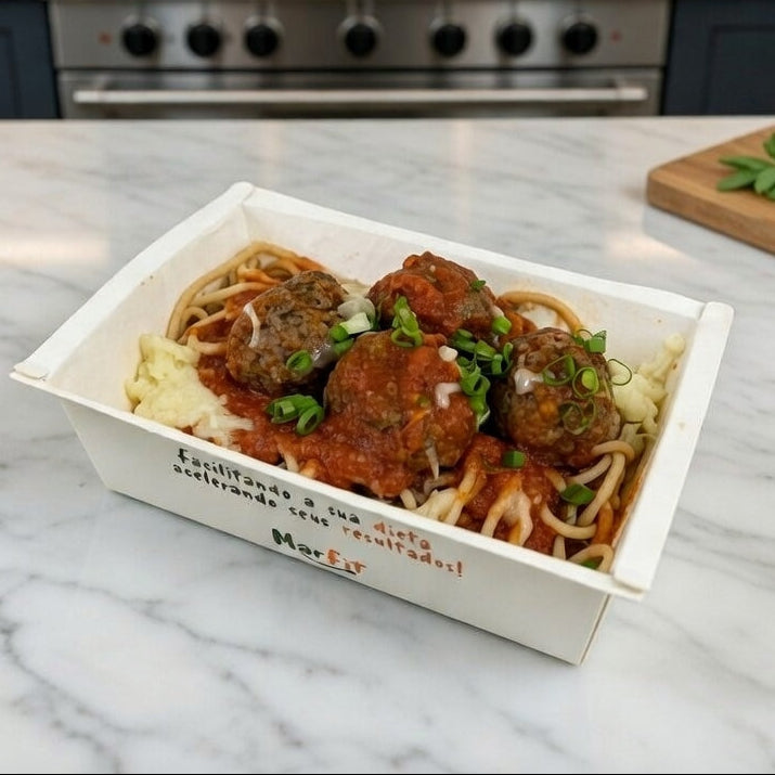 Espaguete int. com almonegas de carne ao molho pomodoro - 428 Kcal