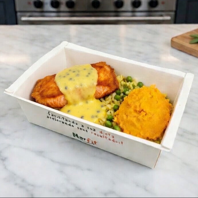 Salmão Grelhado ao molho maracujá, purê de abobora e arroz int. com brocolis - 398 Kcal